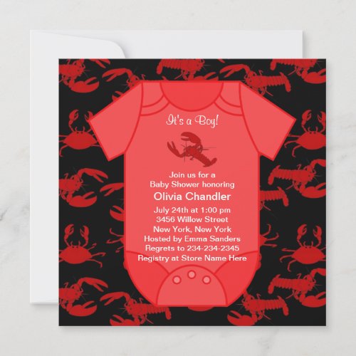 Black Red Lobster Crayfish Baby Boy Shower Invitation