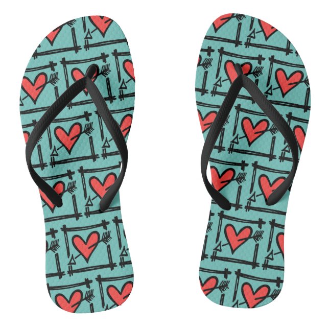 Black & Red Love Heart Flip Flops  (Footbed)