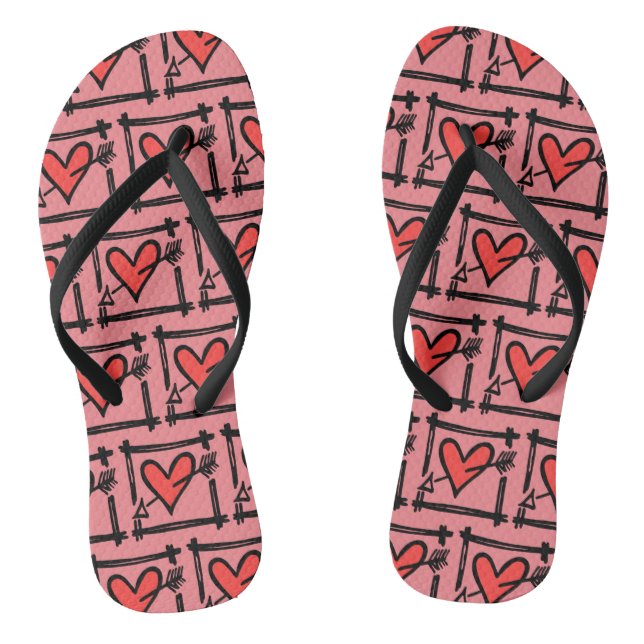 Black & Red Love Heart Flip Flops  (Footbed)