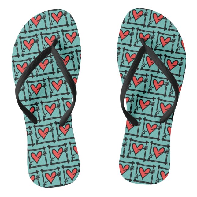 Black & Red Love Heart Flip Flops  (Footbed)