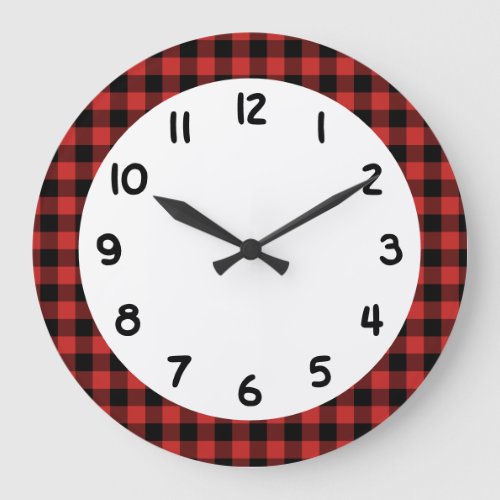 Black Red Lumberjack Buffalo Plaid Large Clock