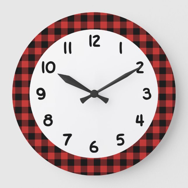 Black Red Lumberjack Buffalo Plaid Large Clock (Front)