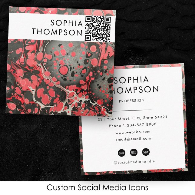 Black & Red Marble Abstract QR Code Social Media Square Business Card (Black & Red Marble Abstract QR Code Social Media Square Business Card)