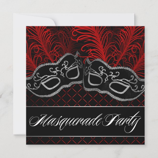 Black Red Mask Masquerade Ball Party Invitations (Front)
