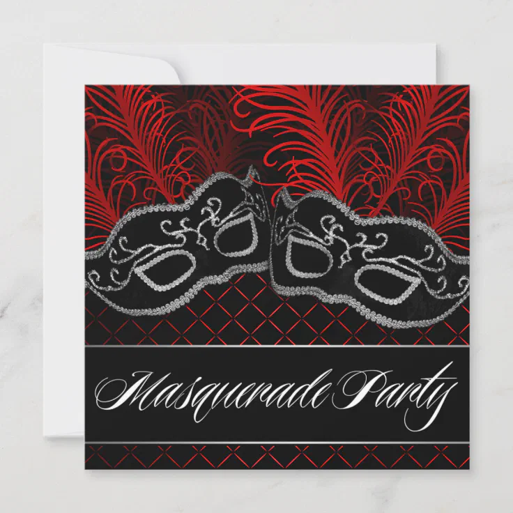 Red & Black Mask Masquerade Ball Personalised Party Invitations 