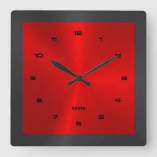 Black & Red & Metallic Stainless Steel Square W Square Wall Clock