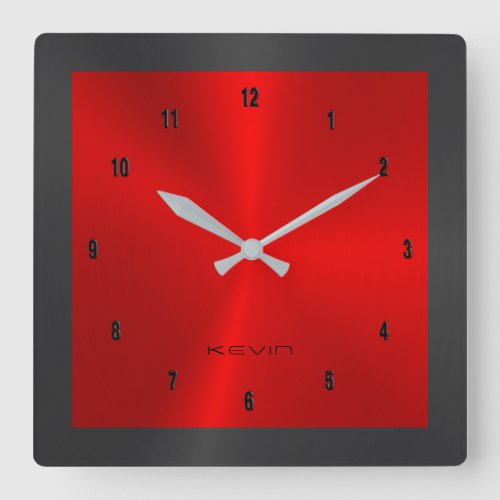 Black  Red  Metallic Stainless Steel Square W Square Wall Clock