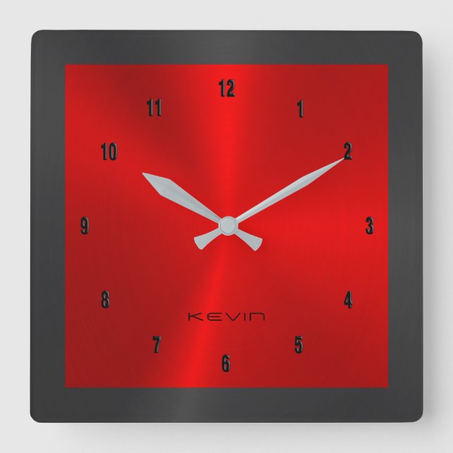 Black & Red & Metallic Stainless Steel Square W Wall Clock (Front)