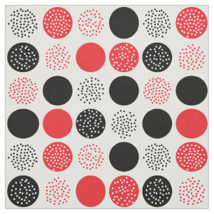 Black Red Modern Circles Dots White Fabric