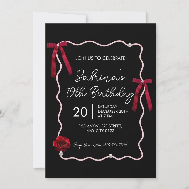 Black Red Modern Coquette 19th Birthday Invitation (Front)
