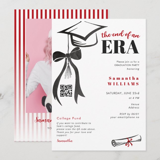 Black Red Modern Preppy Bow Stripes Grad Photo Invitation (Front/Back)