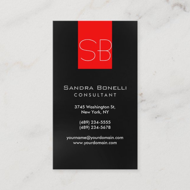 Black Red Monogram Business Card (Front)