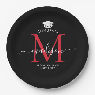 Black Red Monogram Graduate Cap Graduation Paper Plates