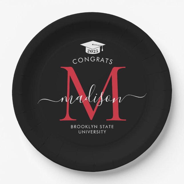 Black Red Monogram Graduate Cap Graduation Paper Plates (Front)