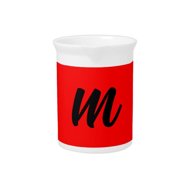 Black Red Monogram Initial Letter Modern Plain Beverage Pitcher (Front)