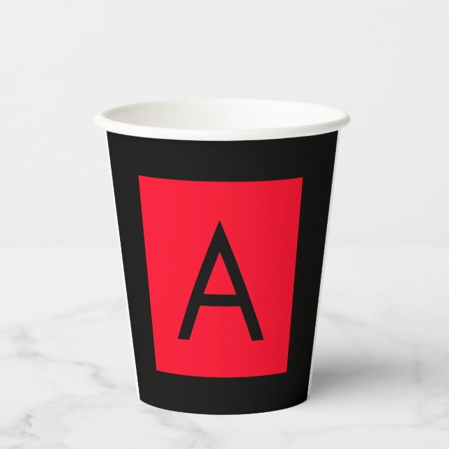 Black Red Monogram Initial Letter Modern Plain Paper Cups (Front)