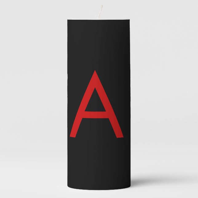 Black Red Monogram Initial Letter Modern Plain Pillar Candle (Front)