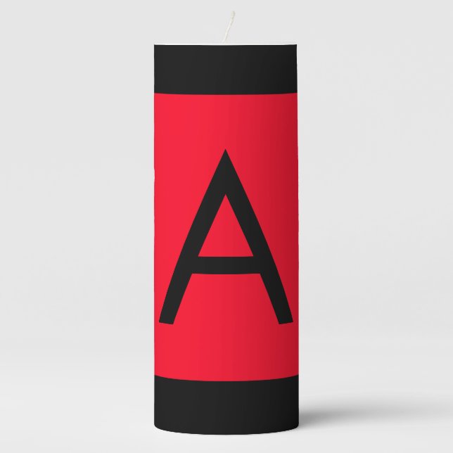 Black Red Monogram Initial Letter Modern Plain Pillar Candle (Front)