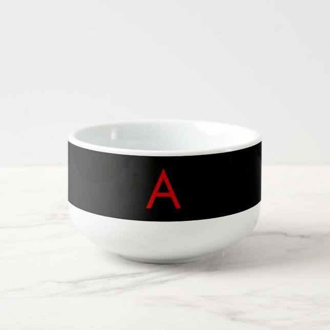 Black Red Monogram Initial Letter Modern Plain Soup Mug (Front)