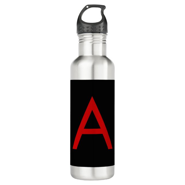 Black Red Monogram Initial Letter Modern Plain Stainless Steel Water Bottle (Front)