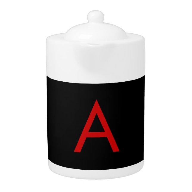 Black Red Monogram Initial Letter Modern Plain Teapot (Front)