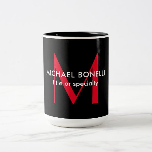 Black Red Monogram Modern Minimalist Name Initial Two_Tone Coffee Mug
