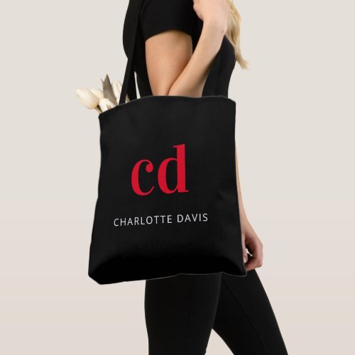 Black red monogram name elegant modern tote bag