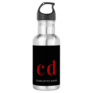 Black red monogram name modern minimalist stainless steel water bottle