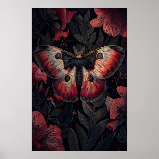 Black Red Moth Print Dark Botanical , Dark (Front)