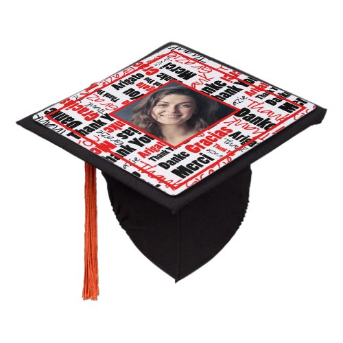 Black Red Multilingual Thank You Custom Photo Graduation Cap Topper