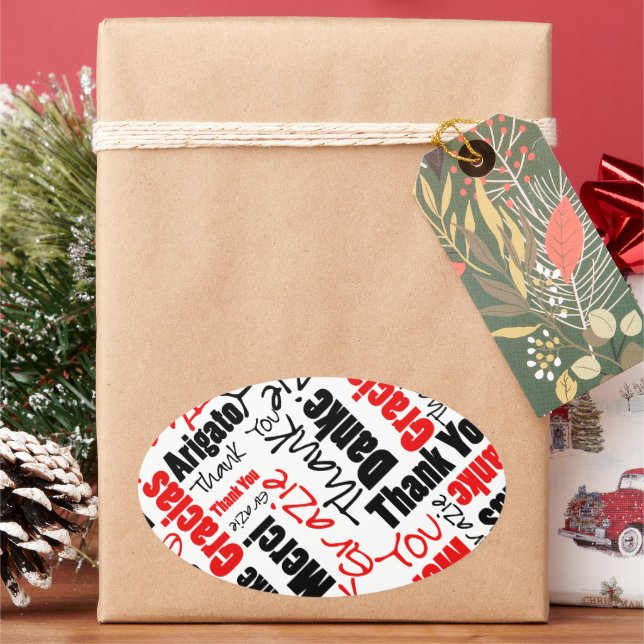 Black Red Multilingual Thank You Typography Cloud Oval Sticker (Holiday)