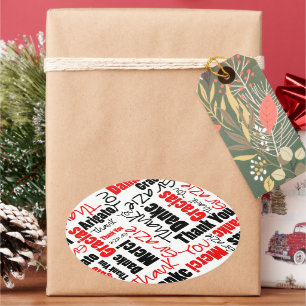 Black Red Multilingual Thank You Typography Cloud Oval Sticker