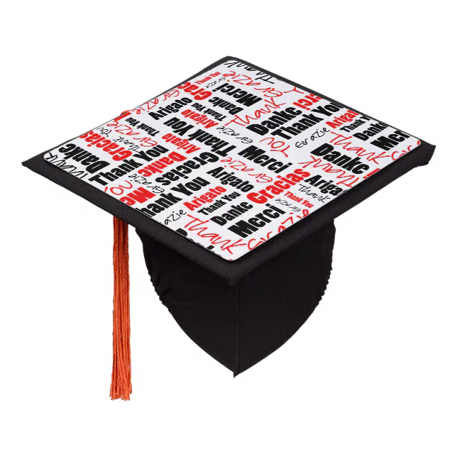 Black Red Multilingual Thank You Typography Graduation Cap Topper | Zazzle