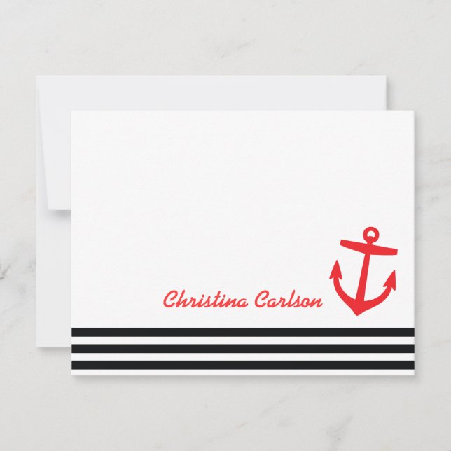 Black & Red Nautical Stripes & Anchor Stationery Note Card (Front)