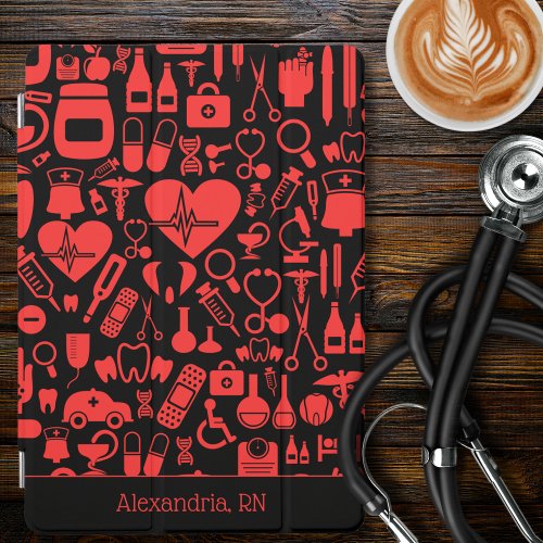 Black  Red Nursing Graphics Monogram iPad Pro Cover