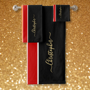 Black Red Orange Racing Stripes Faux Gold Monogram Bath Towel Set