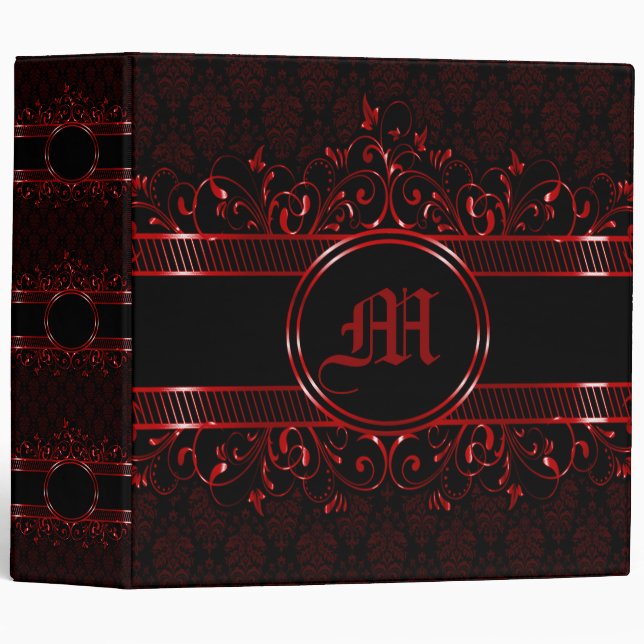 Black & Red Ornate Gothic Monogrammed  3 Ring Binder (Front/Spine)