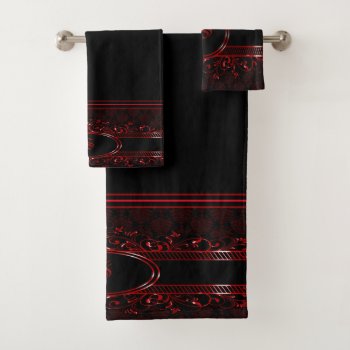 Black & Red Ornate Gothic Monogrammed Bath Towel Set by BlueRose_Design at Zazzle