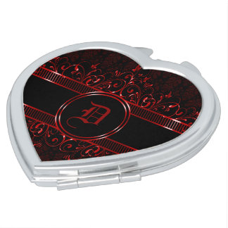 Black & Red Ornate Gothic Monogrammed Compact Mirror