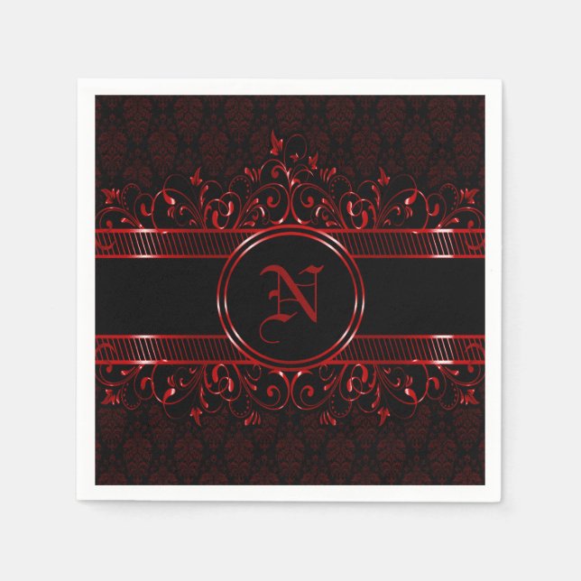 Black & Red Ornate Gothic Monogrammed   Napkins (Front)