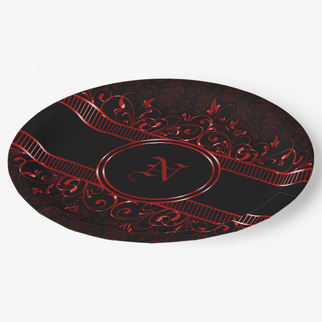 Black & Red Ornate Gothic Monogrammed   Paper Plates (Angled)