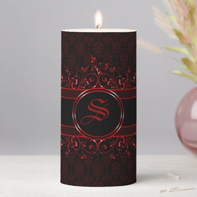 Black & Red Ornate Gothic Monogrammed   Pillar Candle (In Situ)