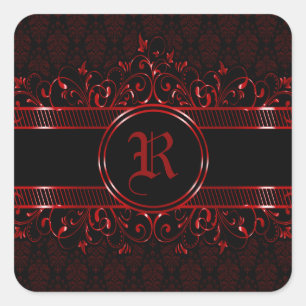 Black & Red Ornate Gothic Monogrammed Square Sticker