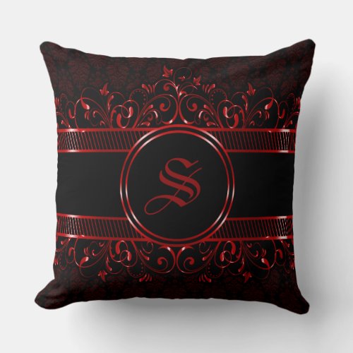 Black  Red Ornate Gothic Monogrammed Throw Pillow