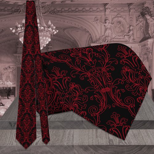 Black  Red Outline Floral Damask Wedding Neck Tie