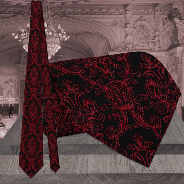 Black & Red Outline Floral Damask Wedding Neck Tie (Creator Uploaded)