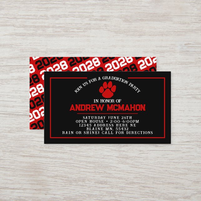 Black & Red Pawprint Mini Graduation Invites (Black and Red Paw Mini Graduation Invites for Friends, Team Mates or as Inserts!)