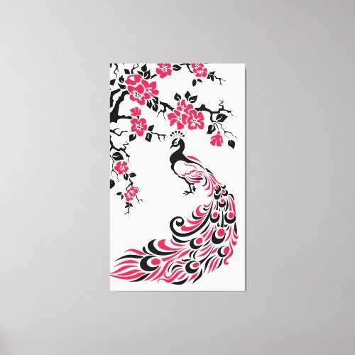 Black red peacock and cherry blossoms custom canvas print