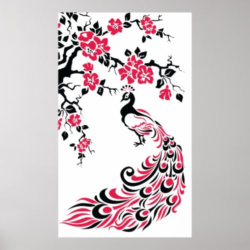 Black red peacock and cherry blossoms poster