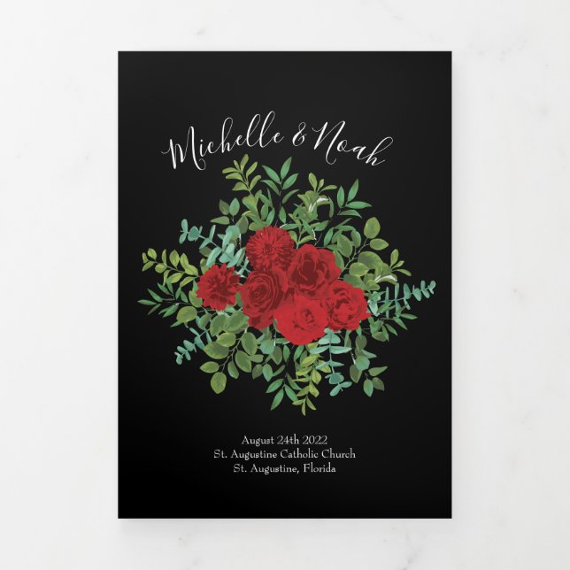 Black & Red Peony & Rose Floral Wedding Programs (Cover)